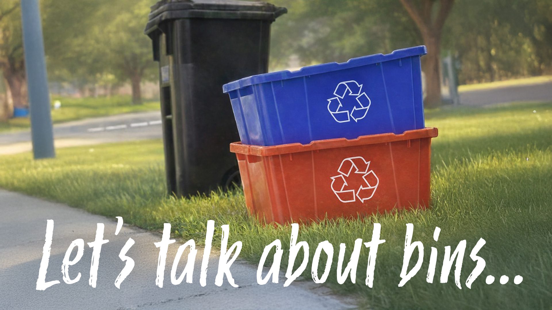Recycling bins and trash can on a curb